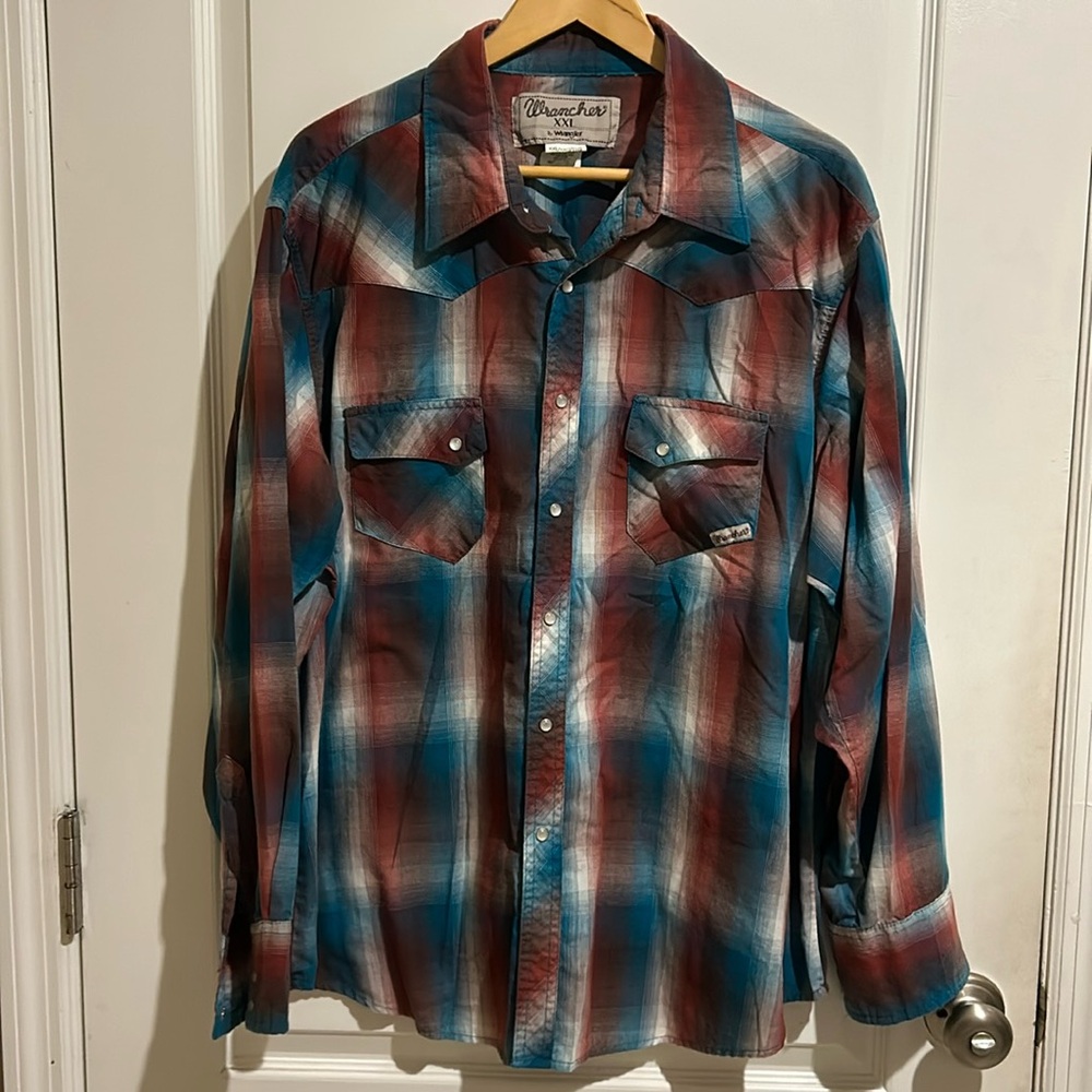 Men’s XXL Wrancher by Wrangler Red White and Blue Plaid Pearl Snap Long Sleeve